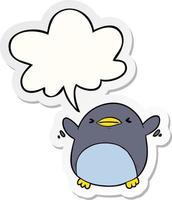 cute cartoon penguin flapping wings and speech bubble sticker vector