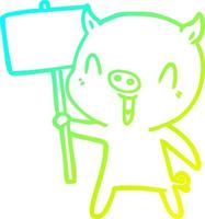cold gradient line drawing happy cartoon pig with sign post vector