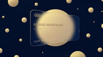 Glass morphism effect. Transparent frosted acrylic bank card. Gold gradient circles on black blue background. Realistic glassmorphism matte plexiglass perspective distortion shape. Vector