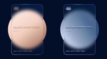 Glass morphism effect. Transparent frosted acrylic bank cards. Gold pink and silver gradient circles on black blue background. Realistic glassmorphism matte plexiglass shape. Vector