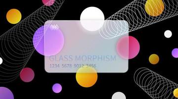 Glass morphism effect. Transparent frosted acrylic card. Color gradient circles on black background. Realistic glassmorphism matte plexiglass rectangle shape. Futuristic style. Vector