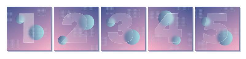 Square carousel stories social media posts. Glass morphism effect. Transparent frosted acrylic shape numbers on pastel gradient background. Futuristic realistic glassmorphism. Vector