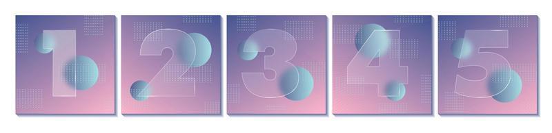 Square carousel stories social media posts. Glass morphism effect. Transparent frosted acrylic shape numbers on pastel gradient background. Futuristic realistic glassmorphism. Vector