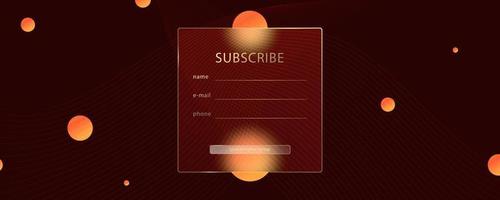 Glass morphism effect. Transparent frosted acrylic card. Subscription log in form. Orange yellow gradient circles on dark brown background. Realistic glassmorphism matte plexiglass shape. Vector