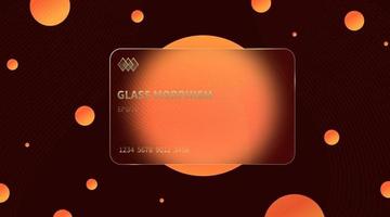 Glass morphism effect. Transparent frosted acrylic bank card. Orange yellow gradient circles on dark brown background. Realistic glassmorphism matte plexiglass shape. Vector