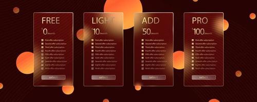 Glass morphism effect. Transparent frosted acrylic card. Subscription plan select. Orange yellow gradient circles on dark brown background. Realistic glassmorphism matte plexiglass shape. Vector