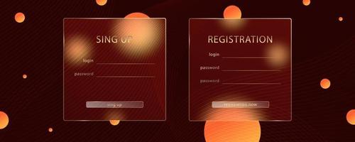 Glass morphism effect. Transparent frosted acrylic card. Subscription log in form. Orange yellow gradient circles on dark brown background. Realistic glassmorphism matte plexiglass shape. Vector