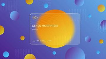 Glass morphism effect. Transparent frosted acrylic bank cards. Orange yellow gradient circles on violet blue background. Realistic glassmorphism matte plexiglass shape. Vector