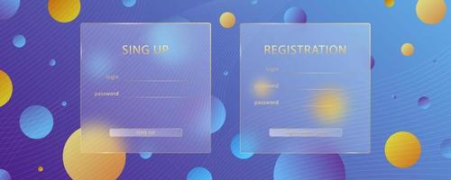 Glass morphism effect. Transparent frosted acrylic card. Subscription log in form. Yellow gradient circles on violet blue background. Realistic glassmorphism matte plexiglass shape. Vector