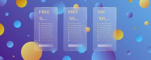 Glass morphism effect. Transparent frosted acrylic bank cards. Yellow gradient circles on violet blue background. Realistic glassmorphism matte plexiglass shape. Vector