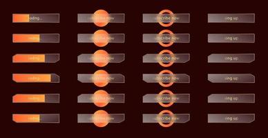 Glass morphism effect. Set of transparent frosted acrylic buttons and loading bars. Orange yellow gradient circles on dark brown background. Realistic glassmorphism matte plexiglass shape. Vector