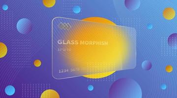 Glass morphism effect. Transparent frosted acrylic bank cards. Orange yellow gradient circles on violet blue background. Realistic glassmorphism matte plexiglass shape. Vector