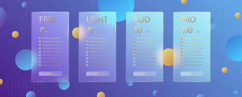 Glass morphism effect. Transparent frosted acrylic card. Subscription plan select. Yellow gradient circles on violet blue background. Realistic glassmorphism matte plexiglass shape. Vector