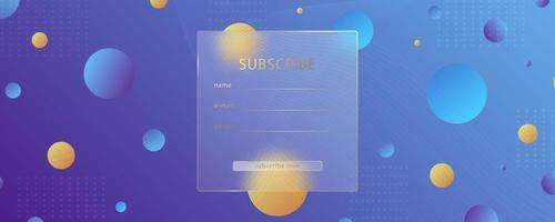 Glass morphism effect. Transparent frosted acrylic card. Subscription log in form. Yellow gradient circles on violet blue background Realistic glassmorphism matte plexiglass shape. Vector