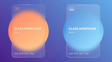 Glass morphism effect. Transparent frosted acrylic bank cards. Orange yellow gradient circles on violet blue background. Realistic glassmorphism matte plexiglass shape. Vector