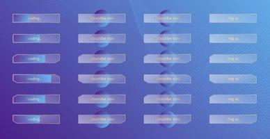Glass morphism effect. Set of transparent frosted acrylic buttons and loading bars. Blue gradient circles on violet background. Realistic glassmorphism matte plexiglass shape. Vector