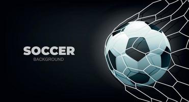 Soccer ball in goal net with black background. Realistic football in net. vector
