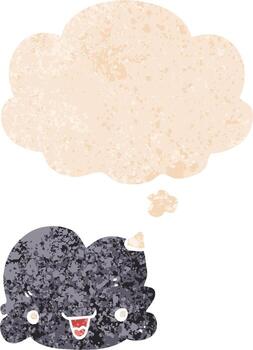 cartoon tiny happy cloud and thought bubble in retro textured style vector