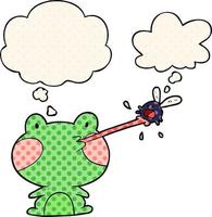 cartoon frog catching fly and thought bubble in comic book style vector