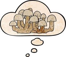 cartoon mushroom and thought bubble in grunge texture pattern style vector