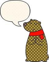 cartoon bear wearing scarf and speech bubble in comic book style vector