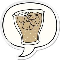 cartoon glass of cola and ice and speech bubble sticker vector