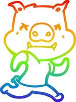 rainbow gradient line drawing angry cartoon pig running vector