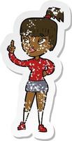 retro distressed sticker of a cartoon attractive girl with idea vector