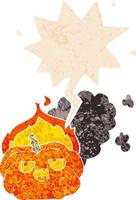 cartoon flaming halloween pumpkin and speech bubble in retro textured style vector