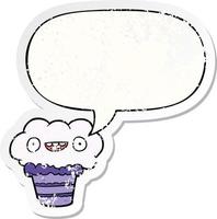 funny cartoon cupcake and speech bubble distressed sticker vector