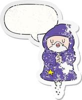 cartoon floating wizard and speech bubble distressed sticker vector