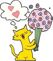 gato de dibujos animados enamorado de las flores y la burbuja del pensamiento vector