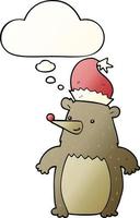 cartoon bear wearing christmas hat and thought bubble in smooth gradient style vector