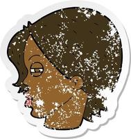 retro distressed sticker of a cartoon female face with narrowed eyes vector