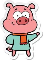 sticker of a happy cartoon pig wearing warm clothes vector