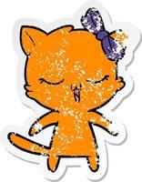 distressed sticker of a cartoon cat with bow on head vector