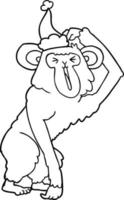 line drawing of a chimp scratching head wearing santa hat vector