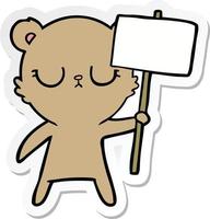 sticker of a peaceful cartoon bear cub with protest sign vector