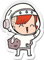 sticker of a cartoon happy spacegirl holding moon rock vector