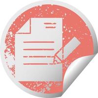 distressed circular peeling sticker symbol of writing a document vector