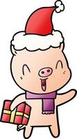 happy gradient cartoon of a pig with xmas present wearing santa hat