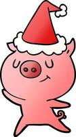 happy gradient cartoon of a pig wearing santa hat vector