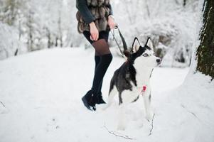 perro husky con correa a mano de niña en día de invierno. foto