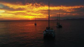 vue aérienne sur l'océan des yachts au coucher du soleil video