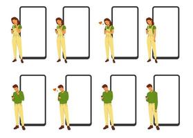 Phone templates and next to a woman or man with different emotions. Vector set