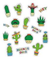 paquete de pegatinas de lindos cactus mexicanos con bigote y sombrero. estilo garabato, colores brillantes. vector