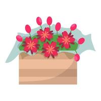 Bright flowers in a wooden box. Vector cartoon illustration