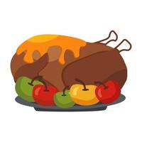 Appetizing fried poultry dish. Stuffed turkey with apples. Vector illustration