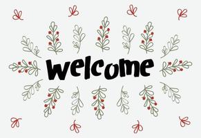 Welcome background with lineart green leaves and cute typography font vector design template