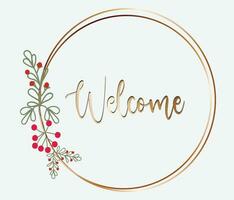 Welcome background with lineart green leaves round wreath vector design template